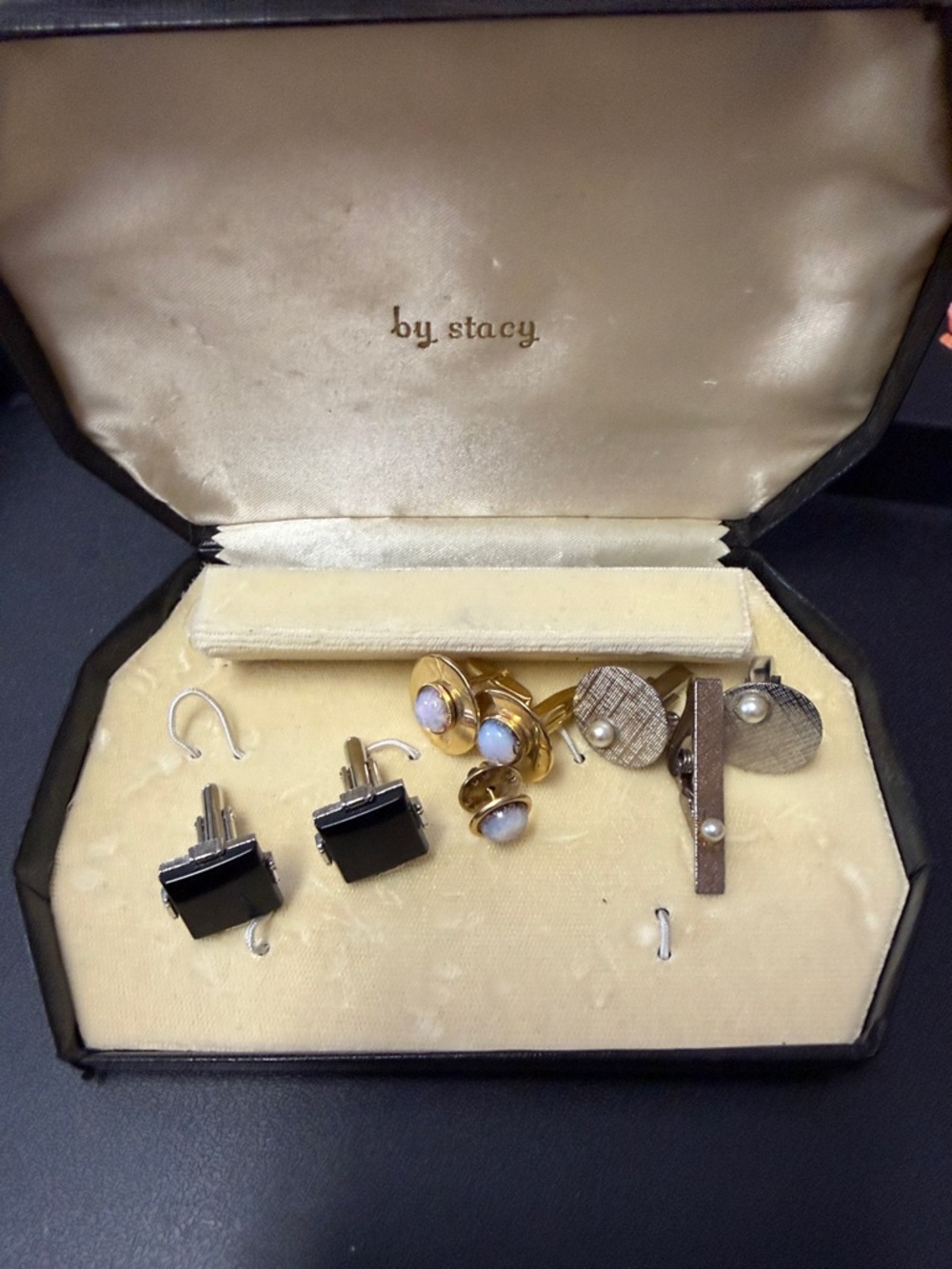 Vintage Cufflink Set Gold, Black, Pearl Tones Lot of three two matching tietac